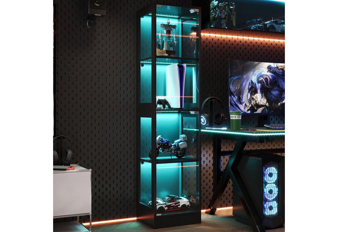 Flieks Glasvitrine Eckvitrine mit LED-Beleuchtung und Doppeltüren aus gehärtetem Glas (1-St., 40x35x170 cm) Standvitrine Eckschrank Hochschrank Sammlervitrine m – Bild 2 von 5