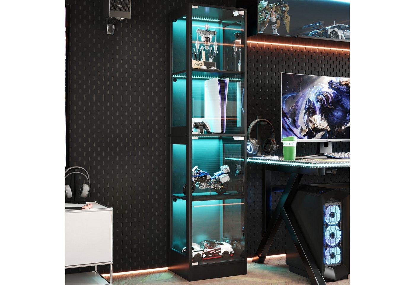 Flieks Glasvitrine Eckvitrine mit LED-Beleuchtung und Doppeltüren aus gehärtetem Glas (1-St., 40x35x170 cm) Standvitrine Eckschrank Hochschrank Sammlervitrine m – Bild 4 von 5