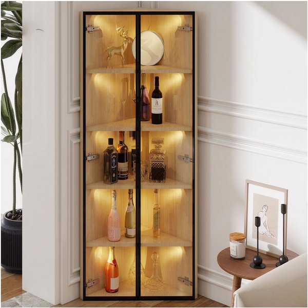 Flieks Glasvitrine Eckvitrine mit LED-Beleuchtung und 5 Fächer (1-St., B62/T35/H160 cm) Standvitrine Eckschrank Hochschrank Highboard Wohnzimmer