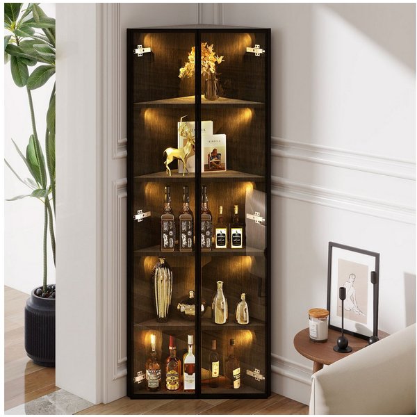 Flieks Glasvitrine Eckvitrine mit LED-Beleuchtung und 5 Fächer (1-St., B62/T35/H160 cm) Standvitrine Eckschrank Hochschrank Highboard Wohnzimmer