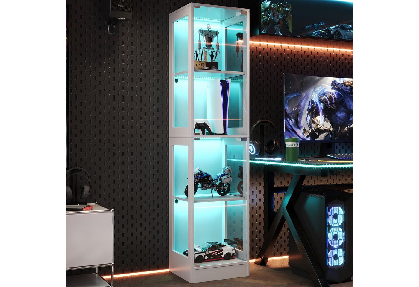 Flieks Glasvitrine Eckvitrine mit LED-Beleuchtung und Doppeltüren aus gehärtetem Glas (1-St., 40x35x170 cm) Standvitrine Eckschrank Hochschrank Sammlervitrine m – Bild 2 von 5
