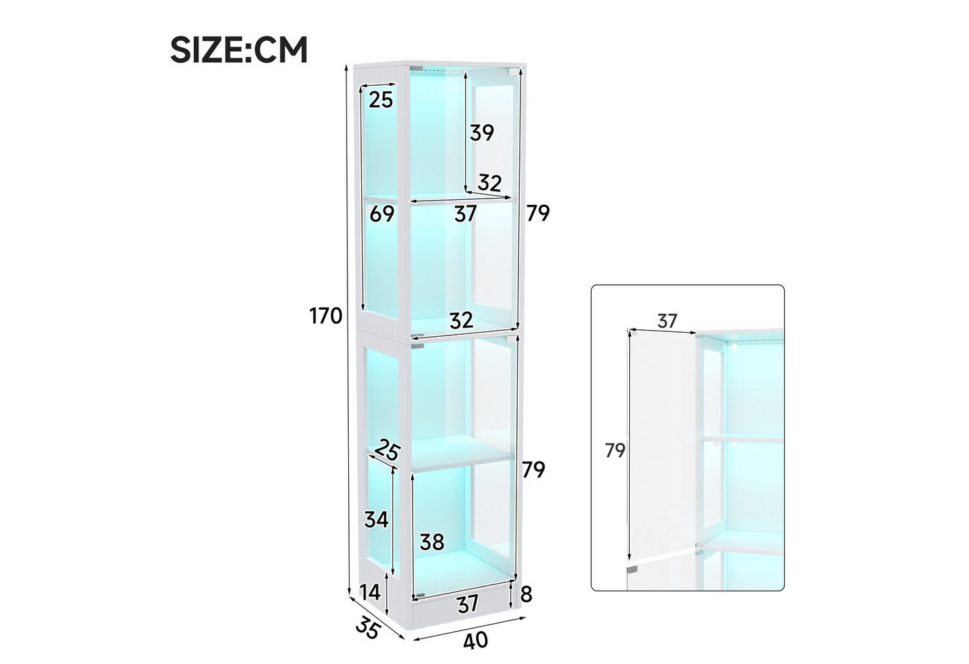 Flieks Glasvitrine Eckvitrine mit LED-Beleuchtung und Doppeltüren aus gehärtetem Glas (1-St., 40x35x170 cm) Standvitrine Eckschrank Hochschrank Sammlervitrine m – Bild 5 von 5