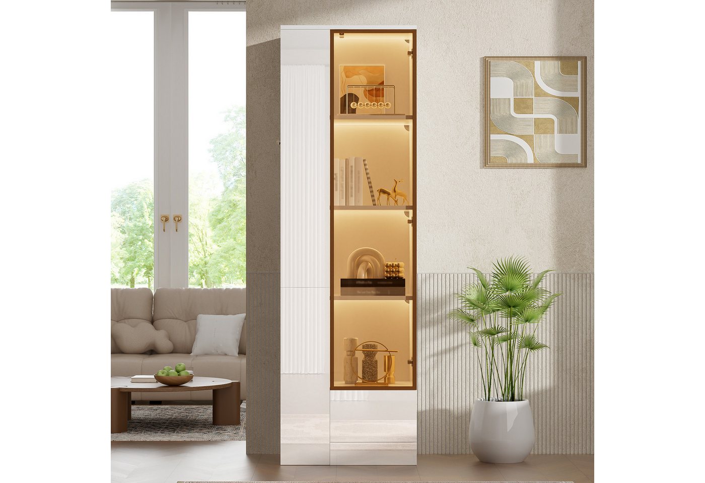 Flieks Glasvitrine Hochschrank Eckvitrine mit LED-Beleuchtung, Glastür, Schubladen (50x35x160 cm, 1-St., Highboard für Wohnzimmer, Esszimmer, Arbeitszimmer, Sch – Bild 3 von 5
