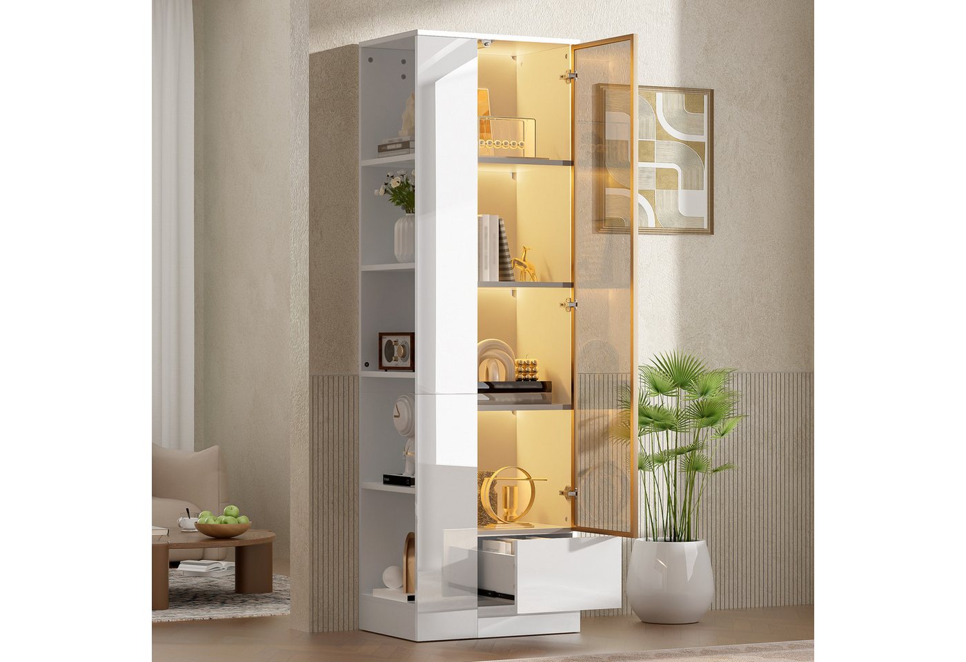 Flieks Glasvitrine Hochschrank Eckvitrine mit LED-Beleuchtung, Glastür, Schubladen (50x35x160 cm, 1-St., Highboard für Wohnzimmer, Esszimmer, Arbeitszimmer, Sch – Bild 4 von 5