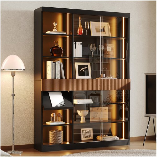 Flieks Glasvitrine mit LED-Beleuchtung, 4 Glasschiebetüren, 3 Schubladen, Klappablage (Wohnzimmerschrank mit verstellbarer Einlegeböden, 1-St., 120x28,5x180 cm)