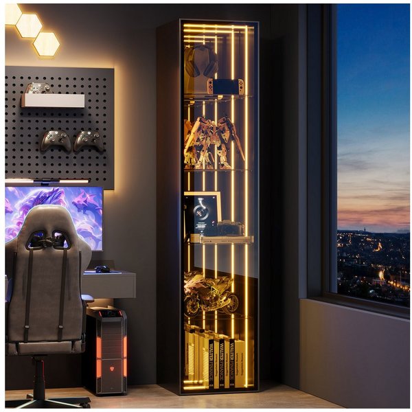 Flieks Glasvitrine mit LED-Lichtleiste, 4 verstellbaren Glaseinlegeböden & Spiegelwand (30x30x160 cm, Glastür mit Soft-Close-Funktion, 1-St., Eckvitrine mit ver