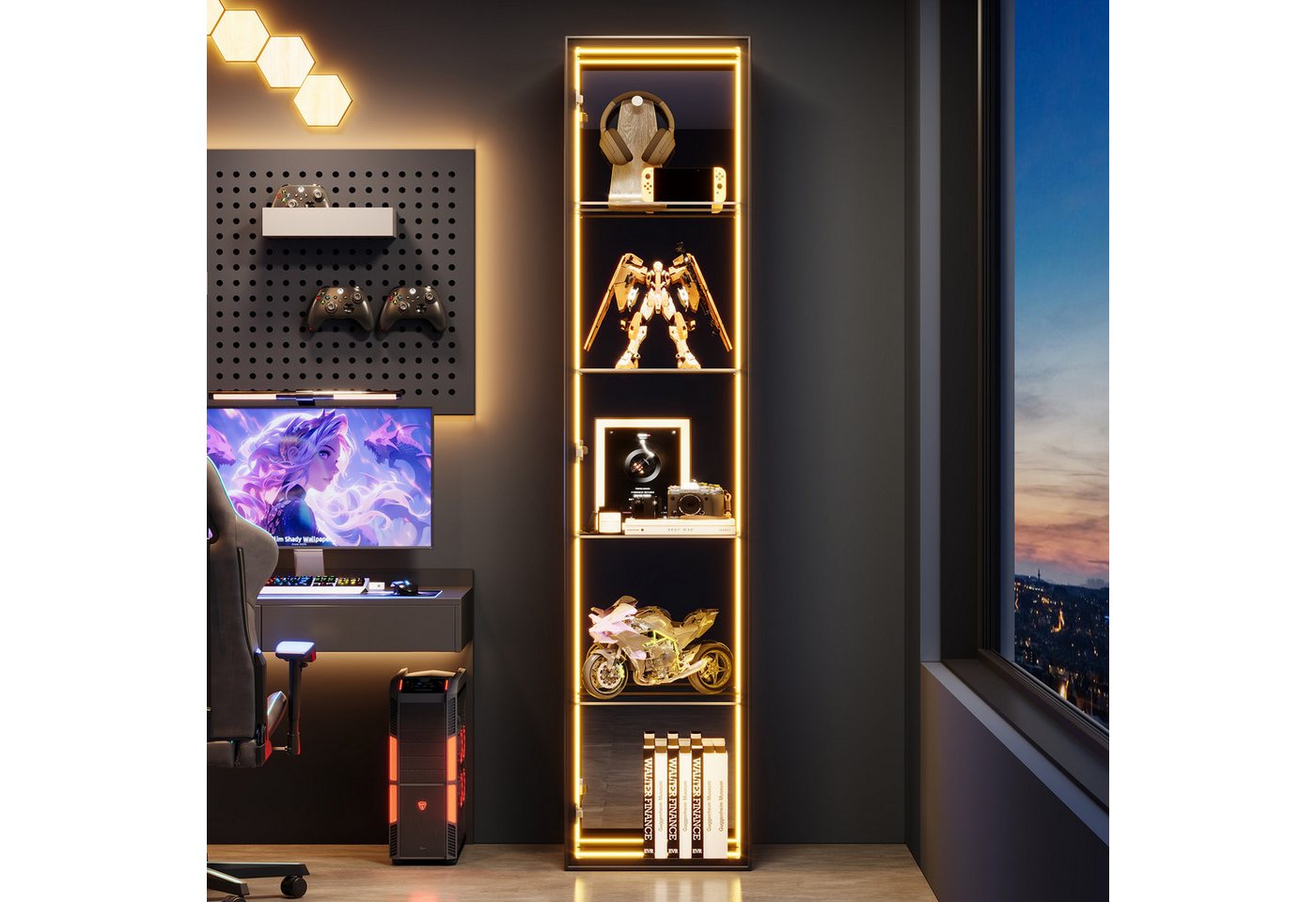 Flieks Glasvitrine mit LED-Lichtleiste, 4 verstellbaren Glaseinlegeböden & Spiegelwand (30x30x160 cm, Glastür mit Soft-Close-Funktion, 1-St., Eckvitrine mit ver – Bild 3 von 5
