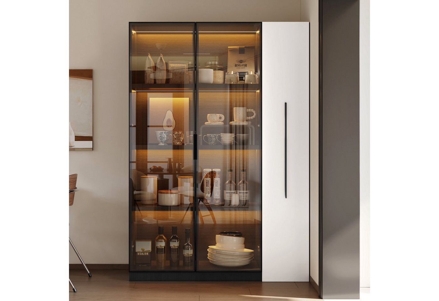 Flieks Glasvitrine Multifunktionsschrank mit LED, Glastüren und großen Seitenschubladen (Maße: B110,5/T35/H160 cm, 1-St., Schrank für Wohnzimmer, Schlafzimmer,  – Bild 2 von 5