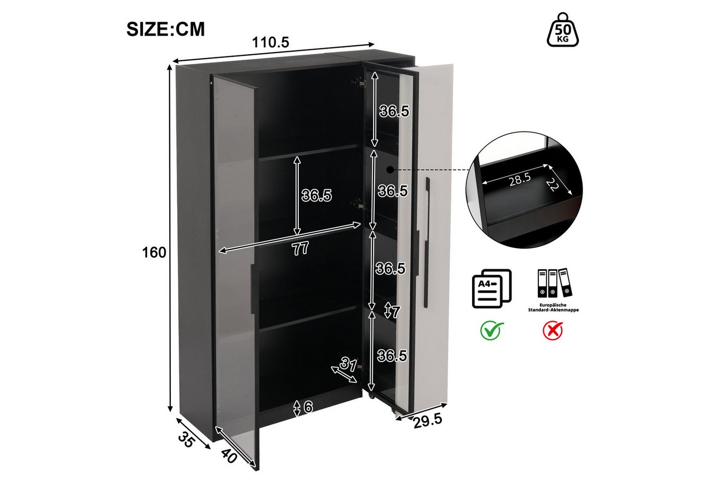 Flieks Glasvitrine Multifunktionsschrank mit LED, Glastüren und großen Seitenschubladen (Maße: B110,5/T35/H160 cm, 1-St., Schrank für Wohnzimmer, Schlafzimmer,  – Bild 4 von 5