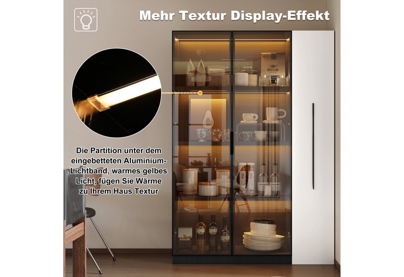 Flieks Glasvitrine Multifunktionsschrank mit LED, Glastüren und großen Seitenschubladen (Maße: B110,5/T35/H160 cm, 1-St., Schrank für Wohnzimmer, Schlafzimmer,  – Bild 5 von 5
