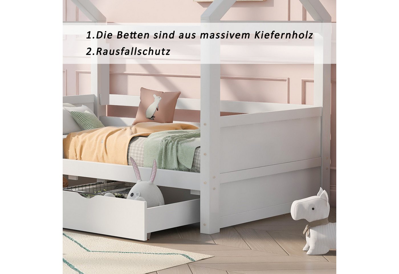 Flieks Hausbett, Kinderbett Jugendbett 80x160cm Massivholzbett Kiefernholz – Bild 5 von 5