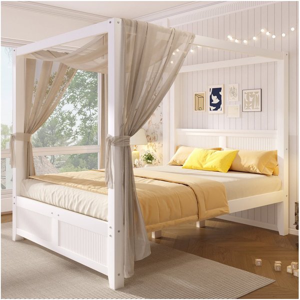 Flieks Himmelbett, Holzbett 140x200cm mit Lattenrost und dekorativem Dachrahmen