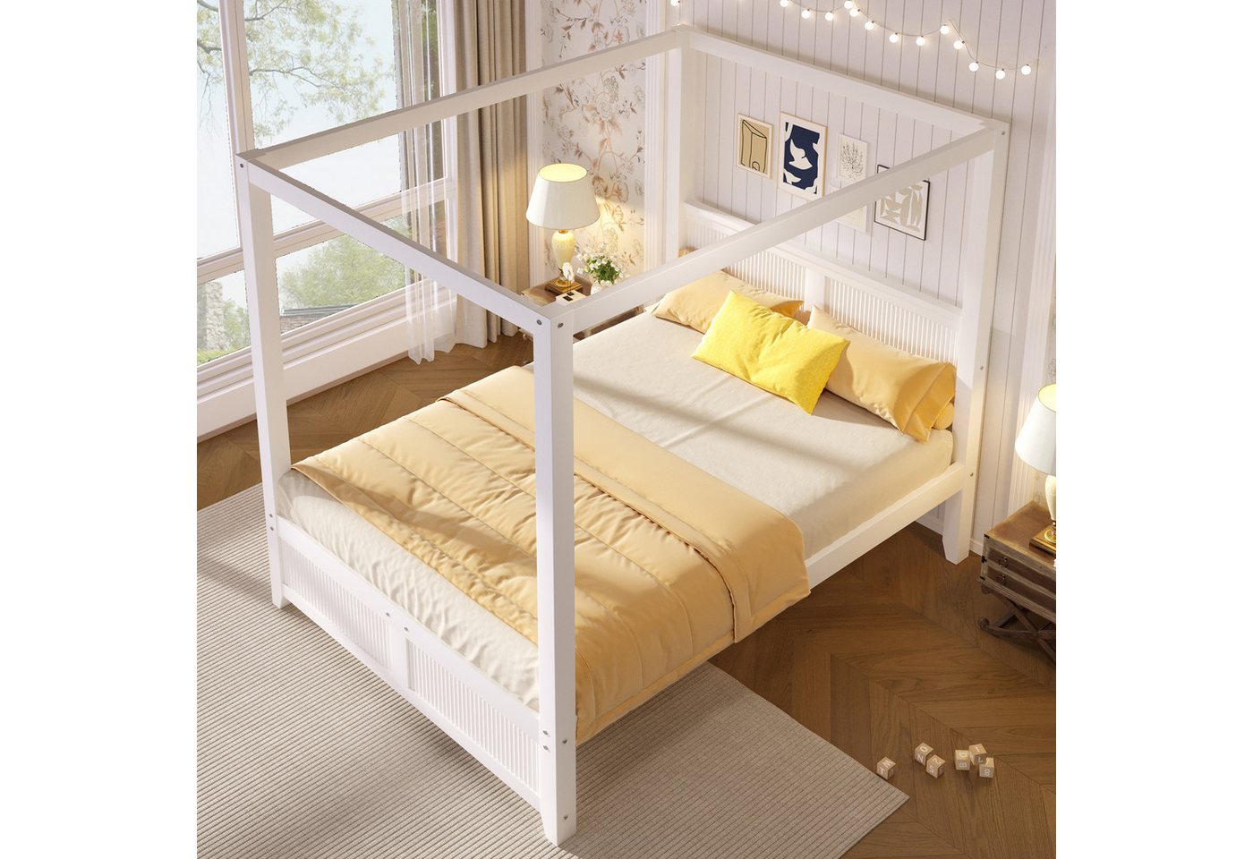 Flieks Himmelbett, Holzbett 140x200cm mit Lattenrost und dekorativem Dachrahmen – Bild 2 von 5