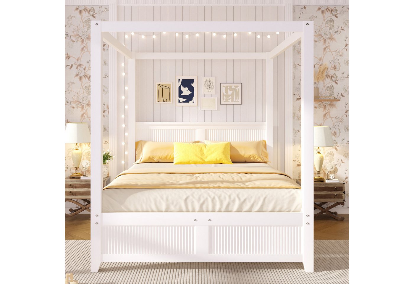 Flieks Himmelbett, Holzbett 140x200cm mit Lattenrost und dekorativem Dachrahmen – Bild 3 von 5