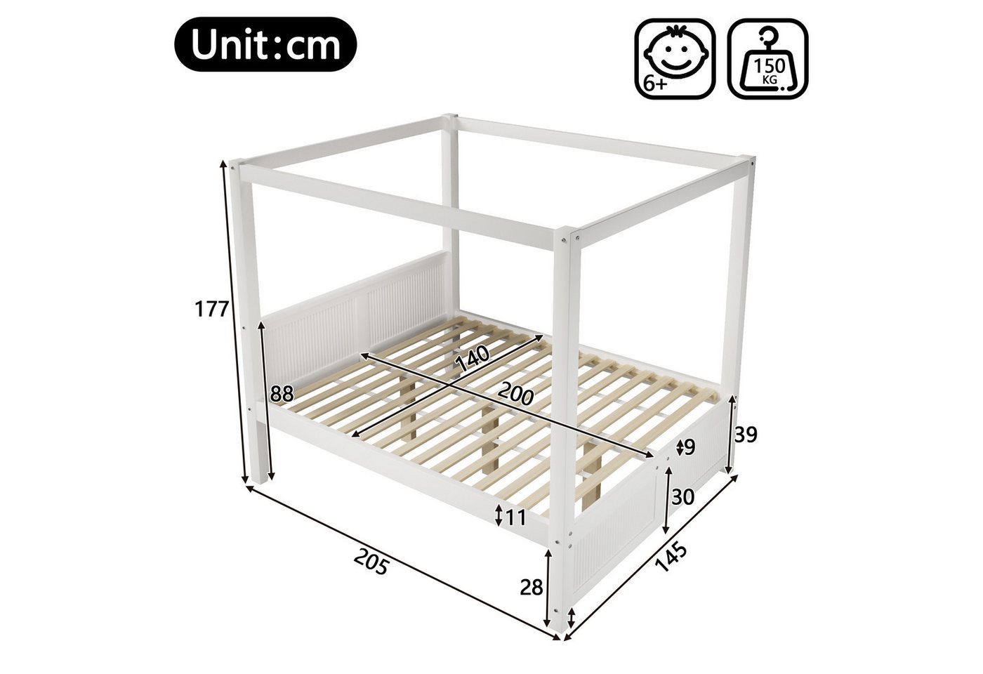Flieks Himmelbett, Holzbett 140x200cm mit Lattenrost und dekorativem Dachrahmen – Bild 4 von 5