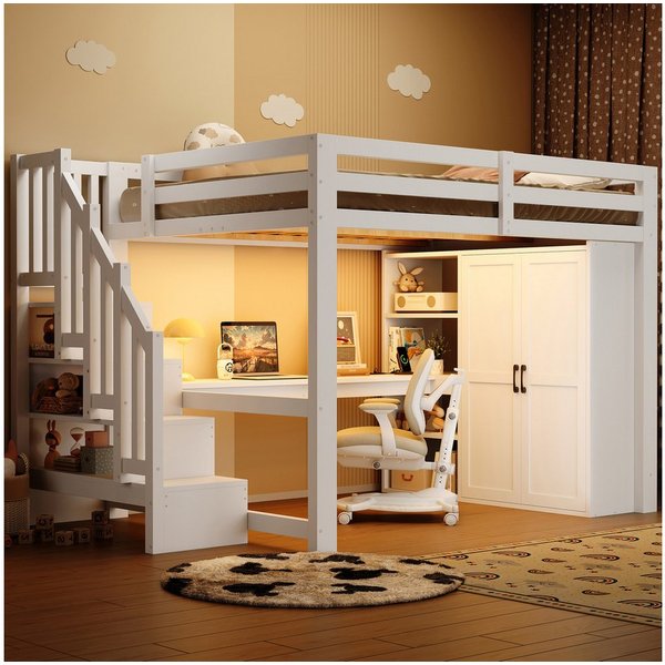 Flieks Hochbett Kinderbett 140x200cm Lichtleiste Schreibtisch Kleiderschrank Treppe