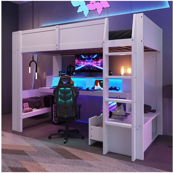 Flieks Hochbett Kinderbett 90x200cm mit LED, Aufladen, Schreibtisch und Stauraum