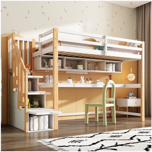 Flieks Hochbett Kinderbett mit Regale, Schreibtisch und Stauraumtreppe 90x200cm