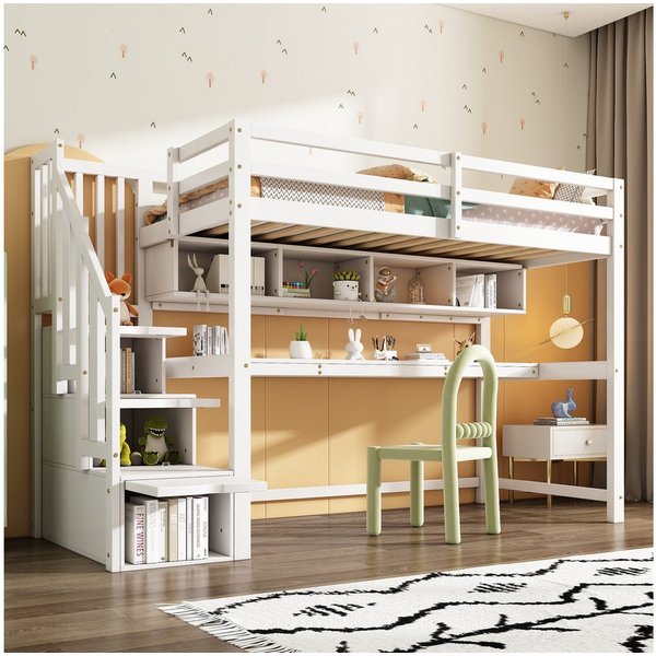 Flieks Hochbett Kinderbett mit Regale, Schreibtisch und Stauraumtreppe 90x200cm