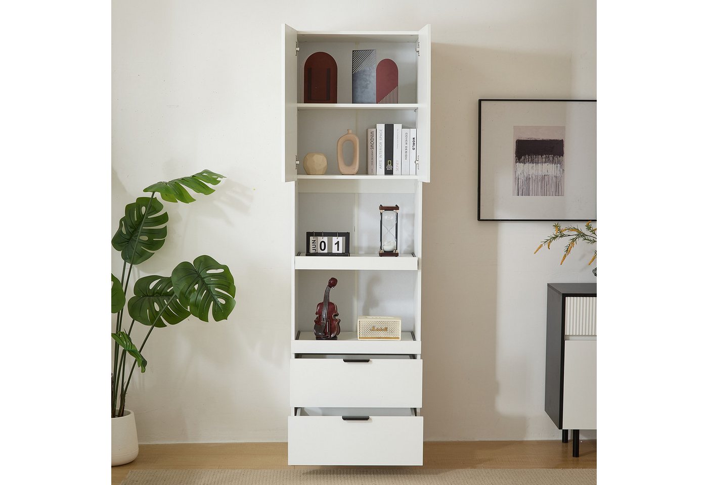 Flieks Hochschrank (1-St., B59,5/T45/H200 cm) Mehrzweckschrank mit Schubladen, Schiebeböden und Türen Küchenschrank – Bild 2 von 5