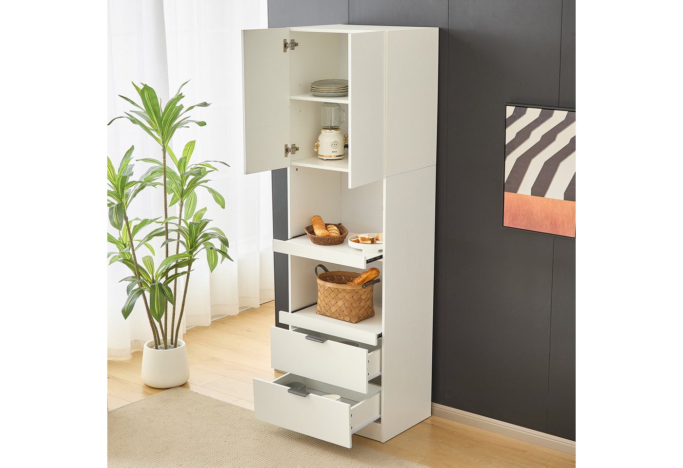 Flieks Hochschrank (1-St., B59,5/T45/H200 cm) Mehrzweckschrank mit Schubladen, Schiebeböden und Türen Küchenschrank – Bild 3 von 5