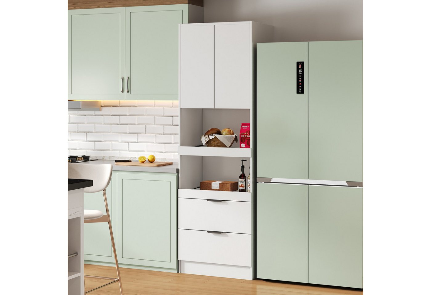 Flieks Hochschrank (1-St., B59,5/T45/H200 cm) Mehrzweckschrank mit Schubladen, Schiebeböden und Türen Küchenschrank – Bild 4 von 5