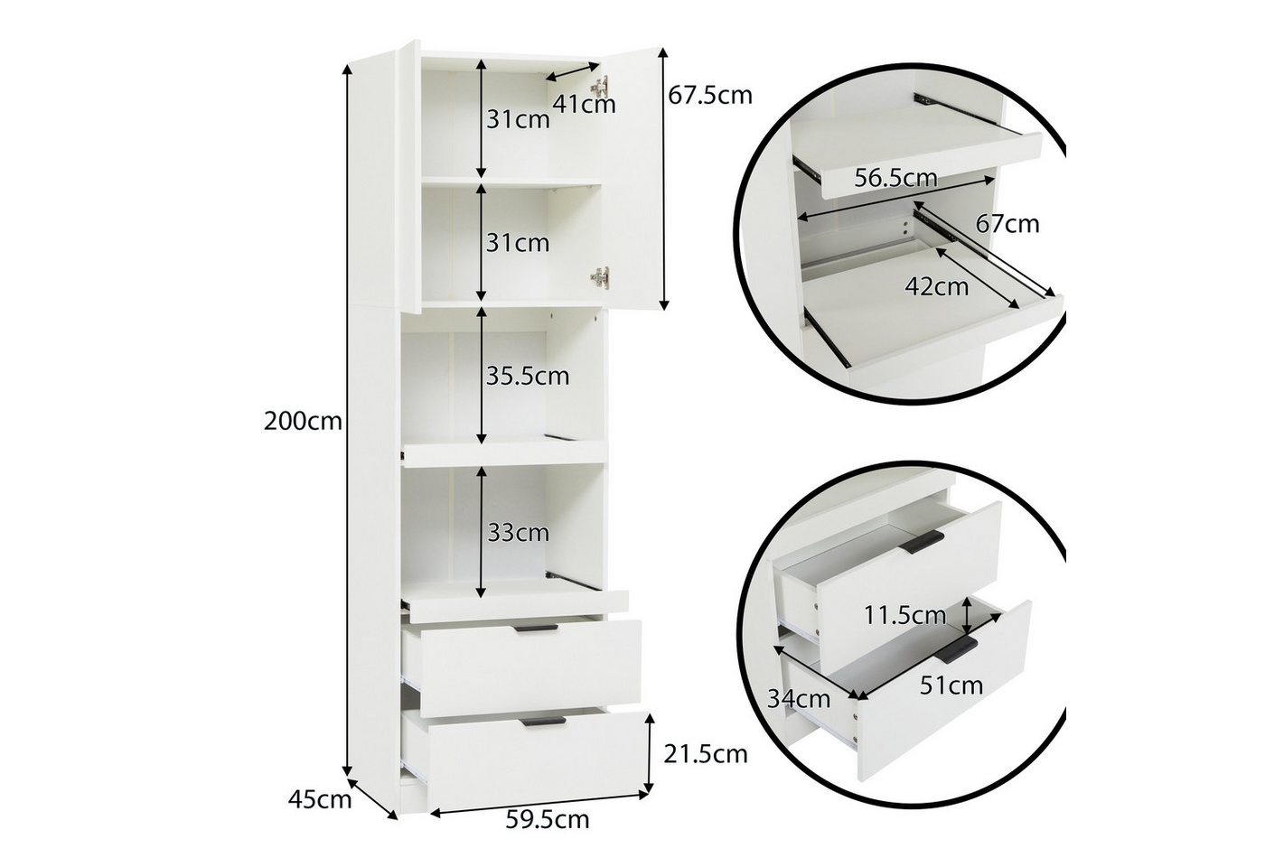 Flieks Hochschrank (1-St., B59,5/T45/H200 cm) Mehrzweckschrank mit Schubladen, Schiebeböden und Türen Küchenschrank – Bild 5 von 5