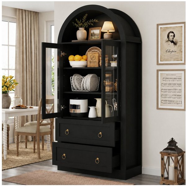 Flieks Hochschrank Bogen-Glasvitrine mit Schubladen, Doppeltüren und Retro-Metallgriffen (mit verstellbarer Einlegeböden, 1-St., 80x36x170 cm) Mehrzweckschrank 
