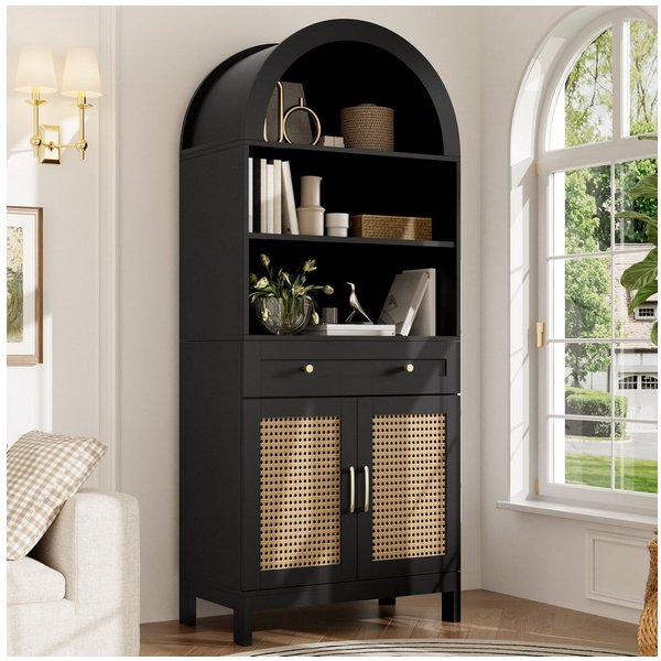 Flieks Hochschrank Bogenform mit Rattan-Doppeltüren, großer Schublade, 3 offener Fächern (gewölbter Aufbewahrungsschrank in Landhausstil, 1-St., B70/T40/H170 cm
