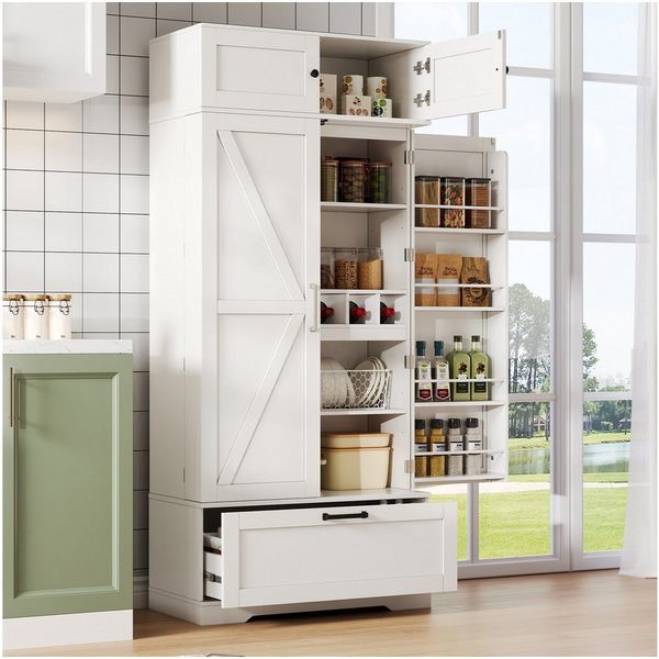 Flieks Hochschrank mit Schubladen, Weinregal und Türregalen (1-St., 80×40×180 cm) Mehrzweckschrank Küchenschrank mit verstellbare Einlegeböden Weiß