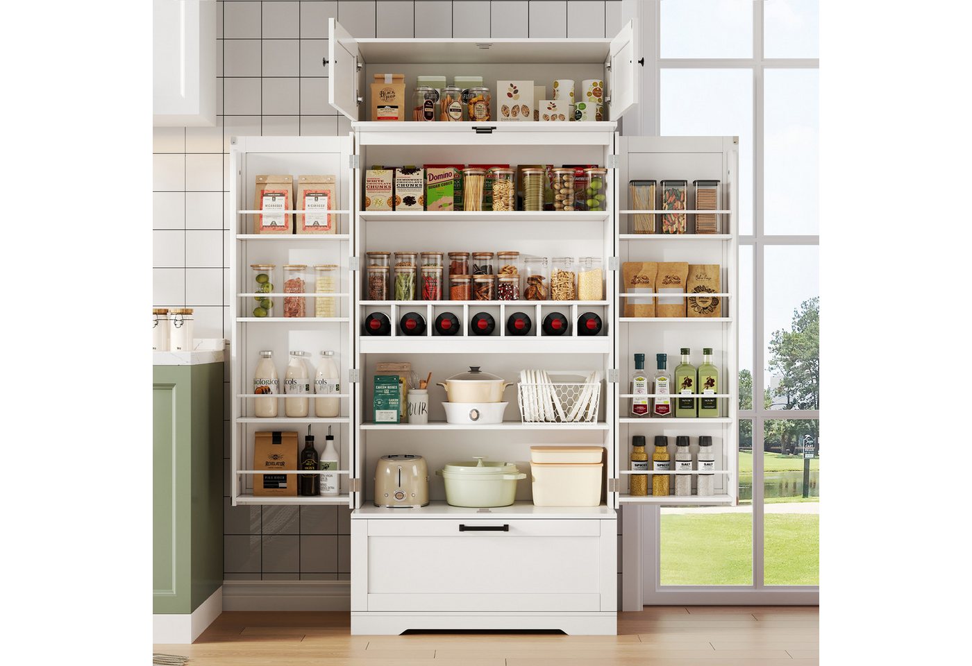 Flieks Hochschrank mit Schubladen, Weinregal und Türregalen (1-St., 80×40×180 cm) Mehrzweckschrank Küchenschrank mit verstellbare Einlegeböden Weiß – Bild 2 von 5