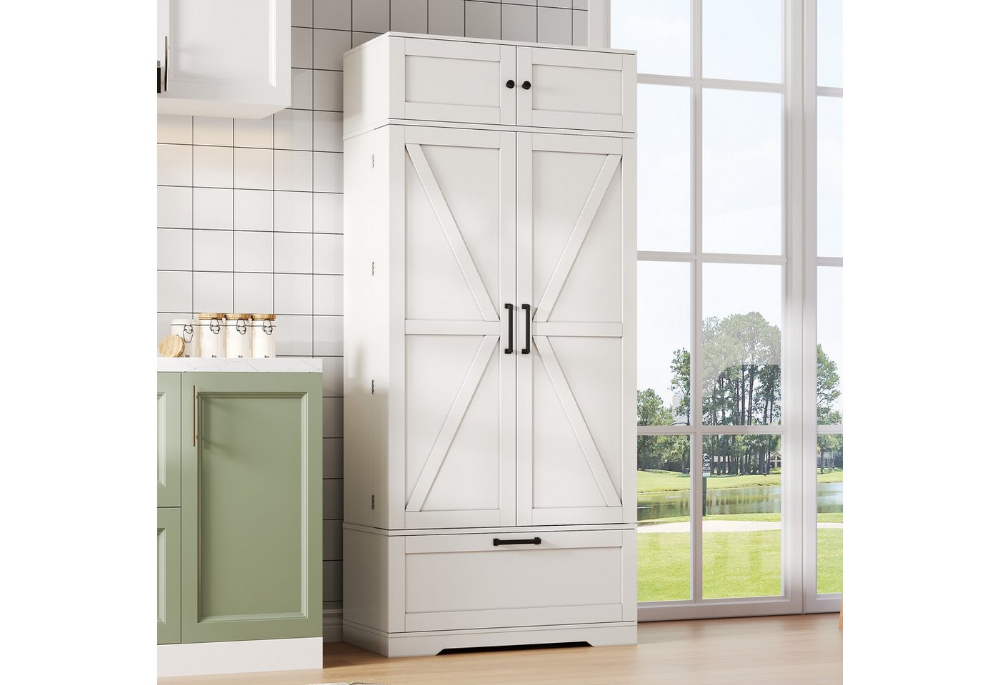 Flieks Hochschrank mit Schubladen, Weinregal und Türregalen (1-St., 80×40×180 cm) Mehrzweckschrank Küchenschrank mit verstellbare Einlegeböden Weiß – Bild 3 von 5