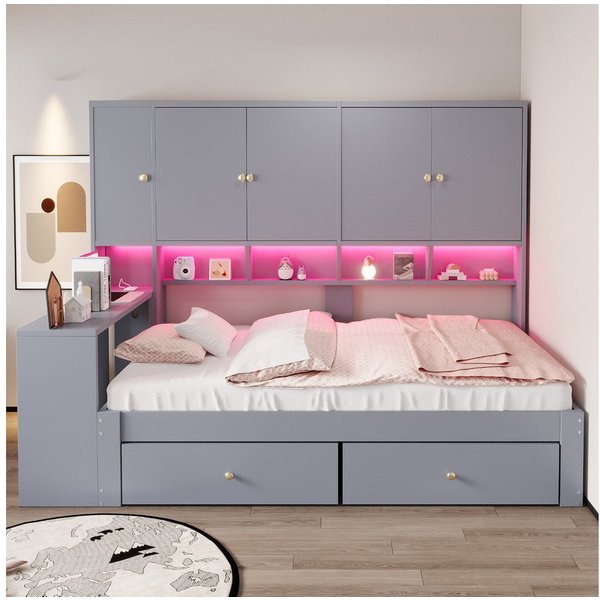 Flieks Holzbett, Stauraumbett 90x200cm mit Schreibtisch, 2 Schubladen, LED & Aufladen