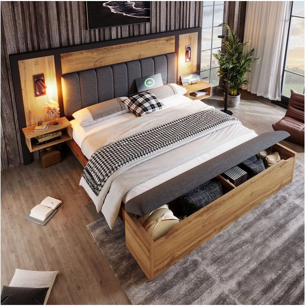 Flieks Holzbett, Doppelbett 160×200cm mit Leselampe, Nachttisch mit Aufladen, Sitzbank