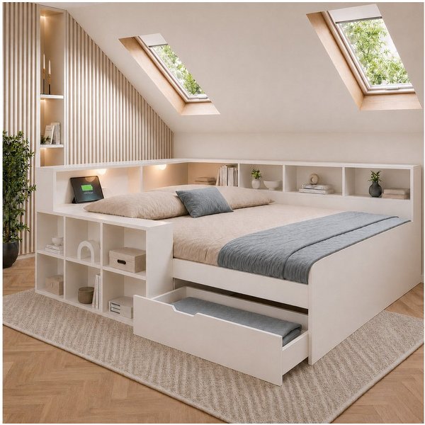 Flieks Holzbett, Kinderbett 140x190cm mit Stauraumregal, Schublade, Leselicht, Aufladen
