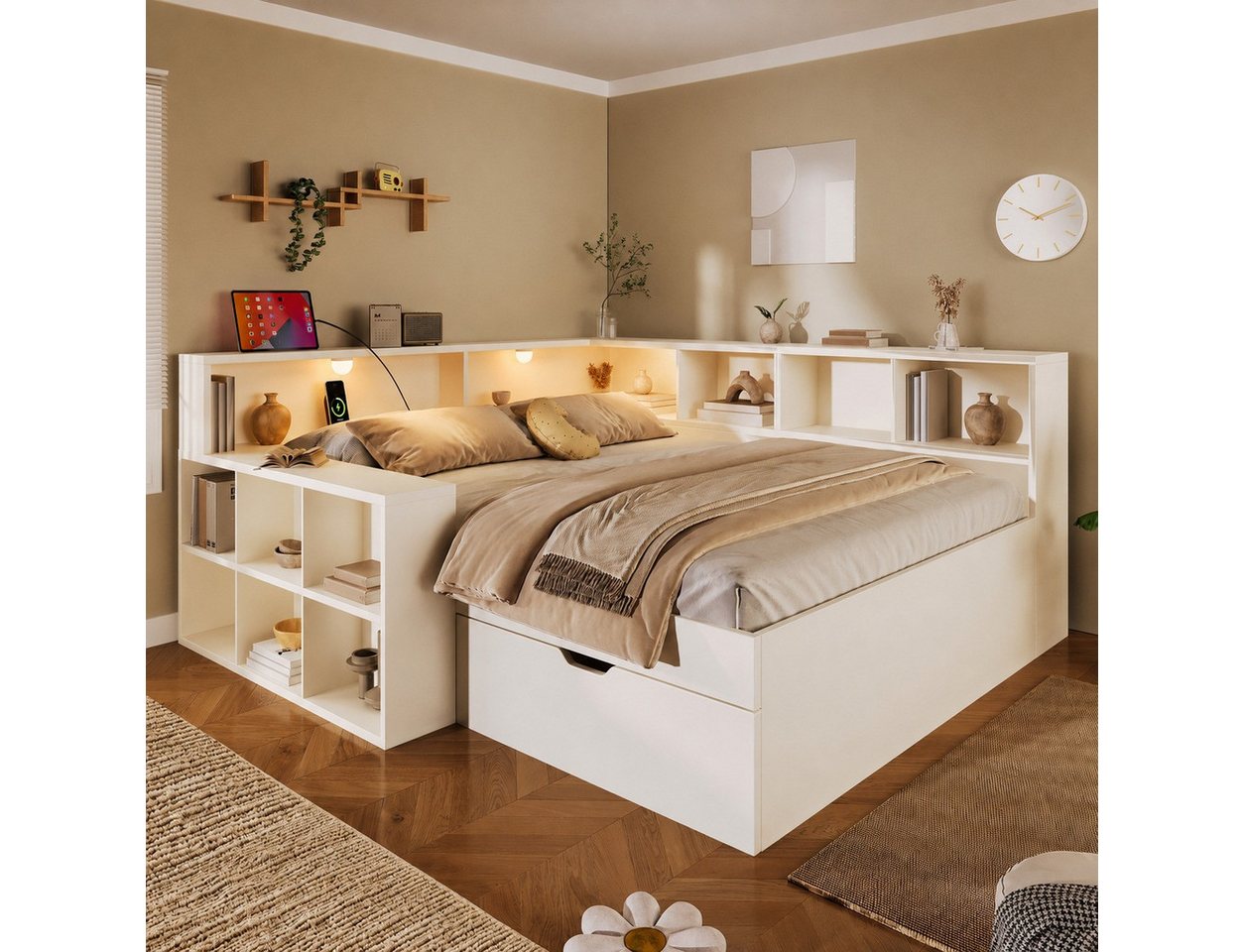 Flieks Holzbett, Kinderbett 140x190cm mit Stauraumregal, Schublade, Leselicht, Aufladen – Bild 2 von 5