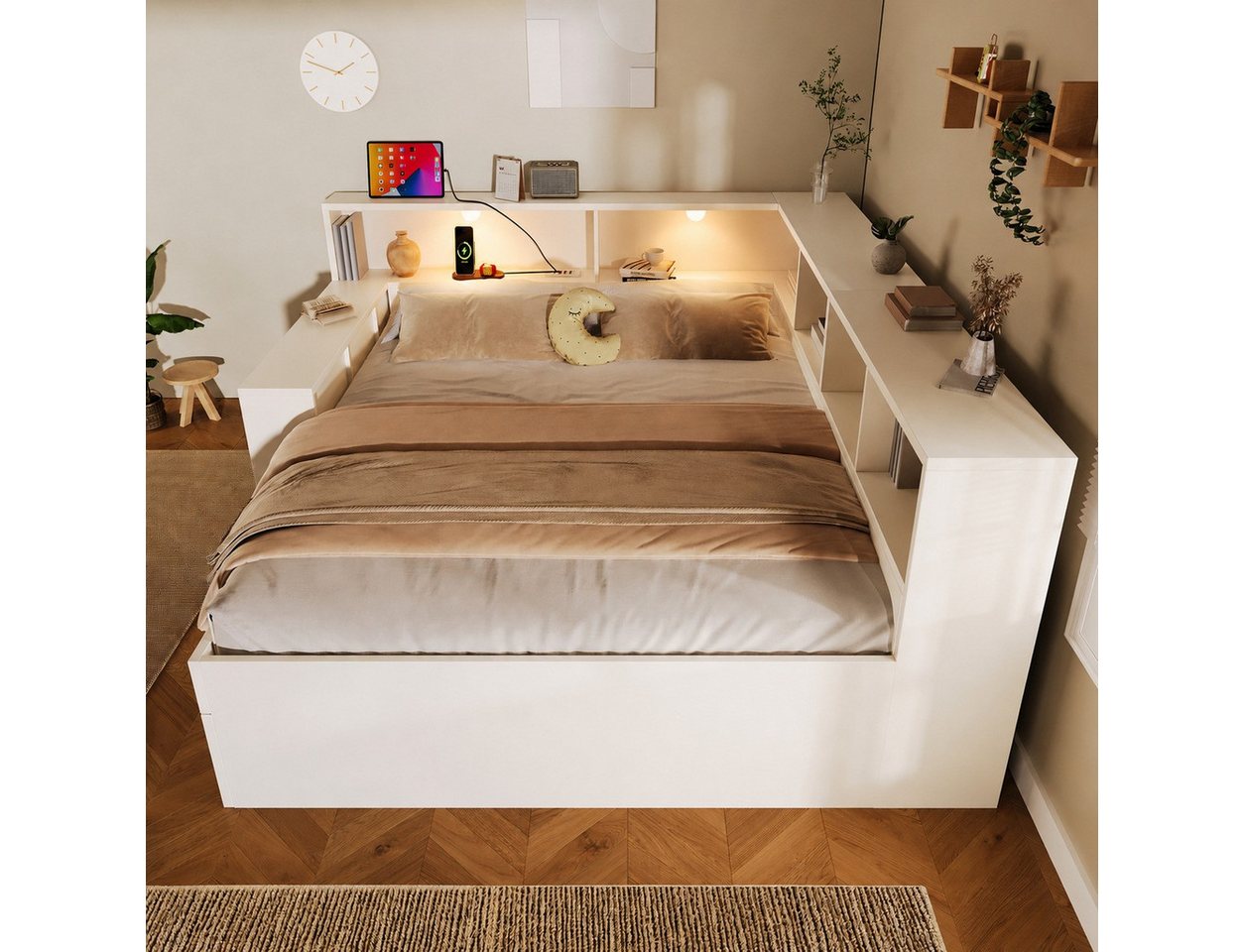 Flieks Holzbett, Kinderbett 140x190cm mit Stauraumregal, Schublade, Leselicht, Aufladen – Bild 3 von 5