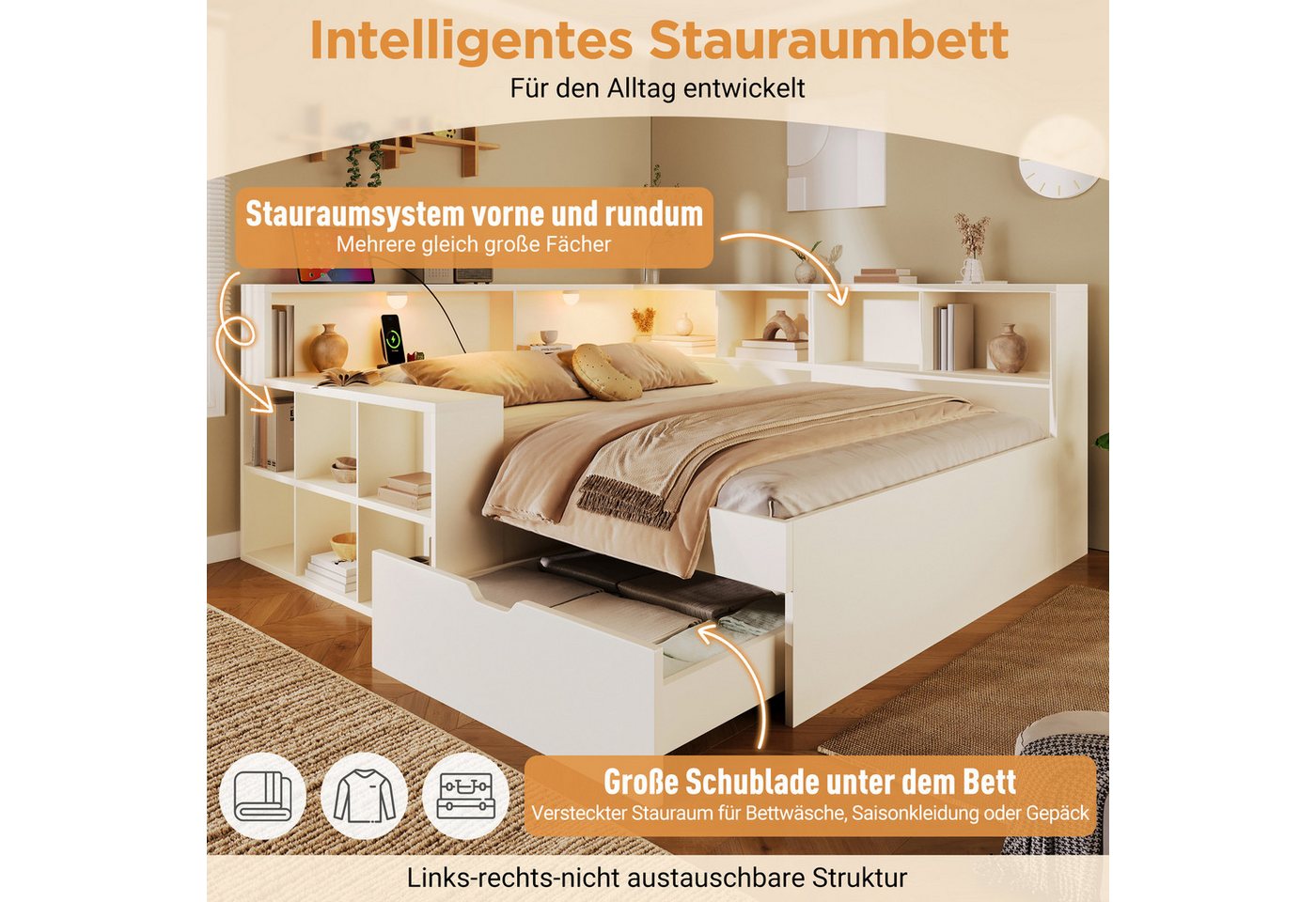 Flieks Holzbett, Kinderbett 140x190cm mit Stauraumregal, Schublade, Leselicht, Aufladen – Bild 4 von 5