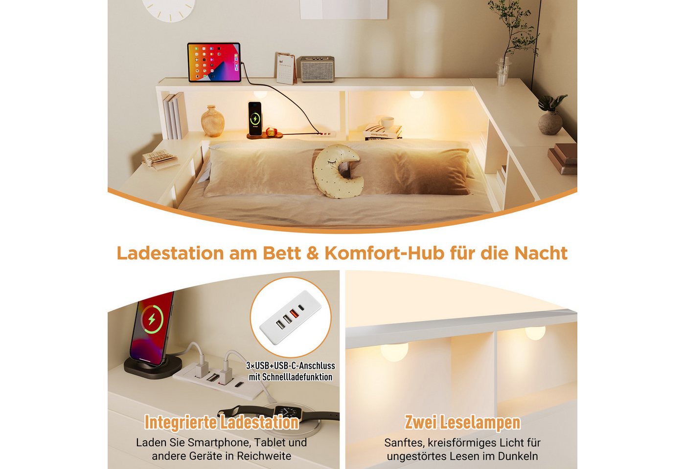 Flieks Holzbett, Kinderbett 140x190cm mit Stauraumregal, Schublade, Leselicht, Aufladen – Bild 5 von 5