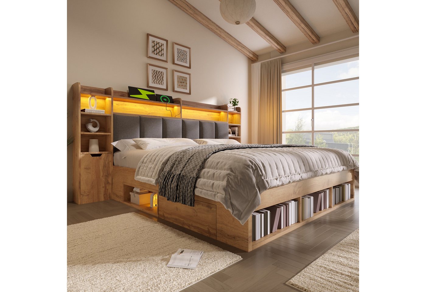 Flieks Holzbett, Systembett 180x200cm mit Polsterkopfteil LEDleiste Aufladen Schubladen – Bild 2 von 5