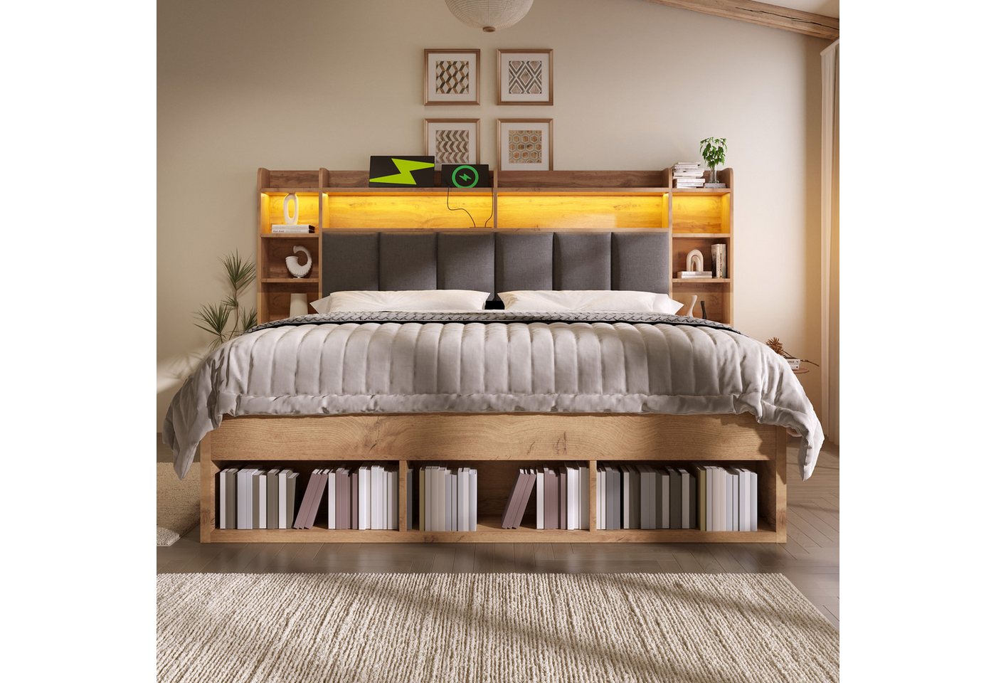 Flieks Holzbett, Systembett 180x200cm mit Polsterkopfteil LEDleiste Aufladen Schubladen – Bild 3 von 5