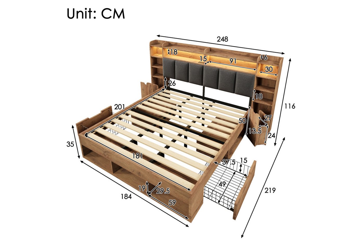 Flieks Holzbett, Systembett 180x200cm mit Polsterkopfteil LEDleiste Aufladen Schubladen – Bild 5 von 5