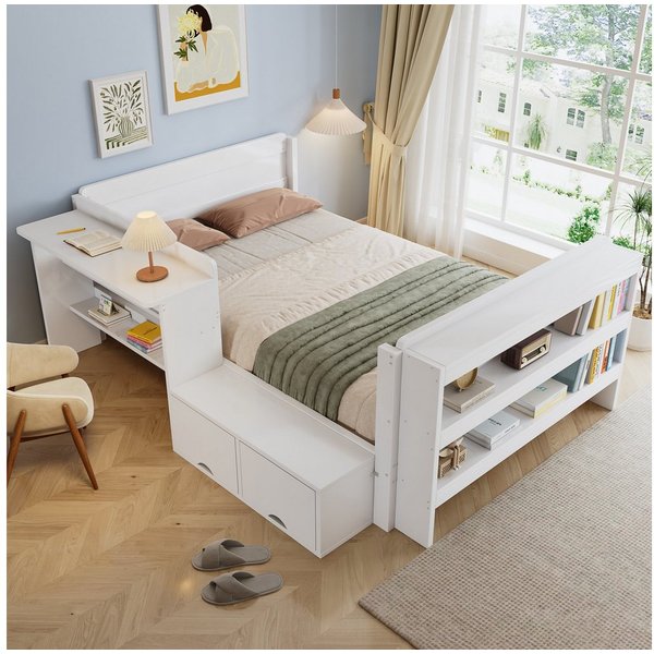 Flieks Holzbett, Kinderbett 120x200cm mit Schreibtisch Stauraumregal Klappfach