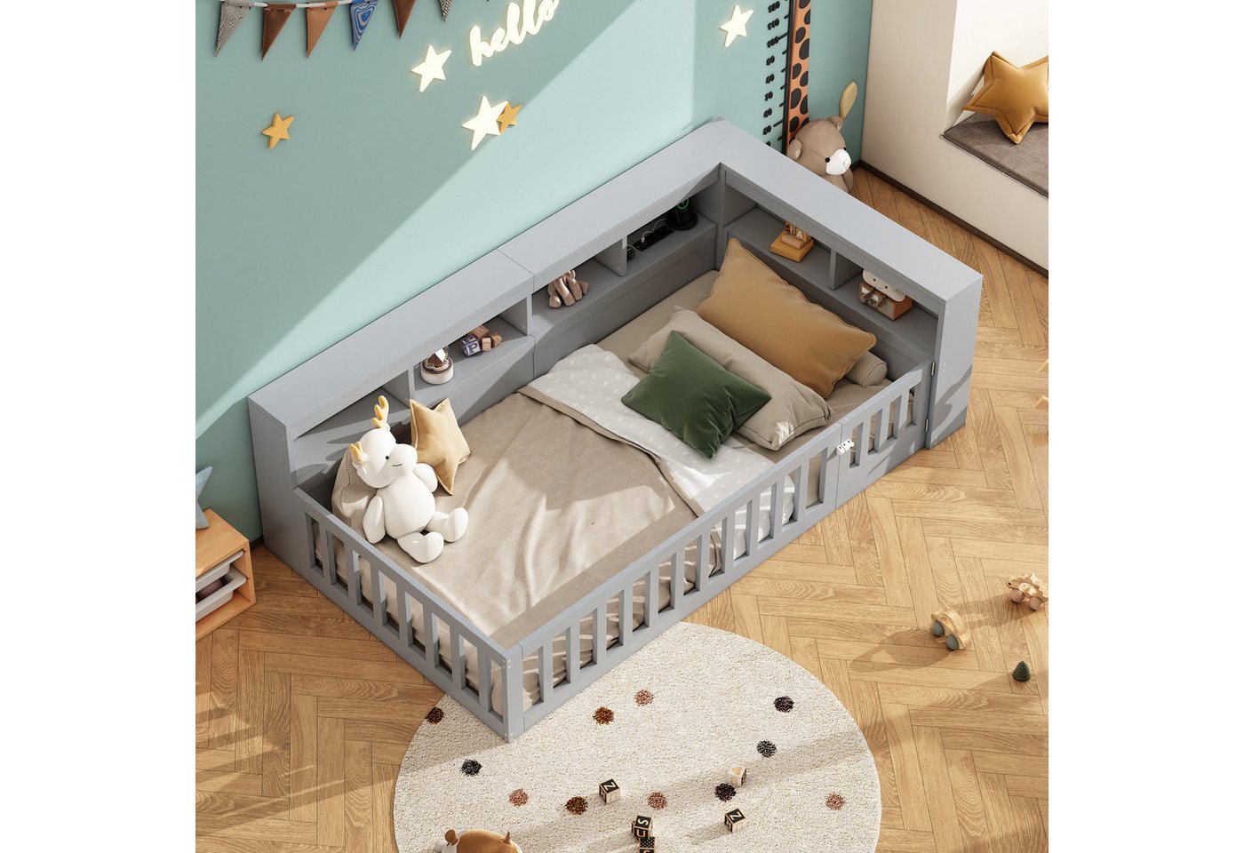 Flieks Holzbett, Kinderbett Daybett 90x200cm mit Stauraum, Aufladen und Geländer – Bild 3 von 5