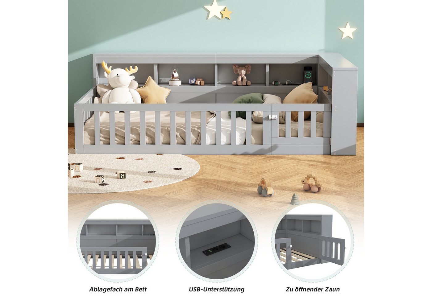 Flieks Holzbett, Kinderbett Daybett 90x200cm mit Stauraum, Aufladen und Geländer – Bild 4 von 5