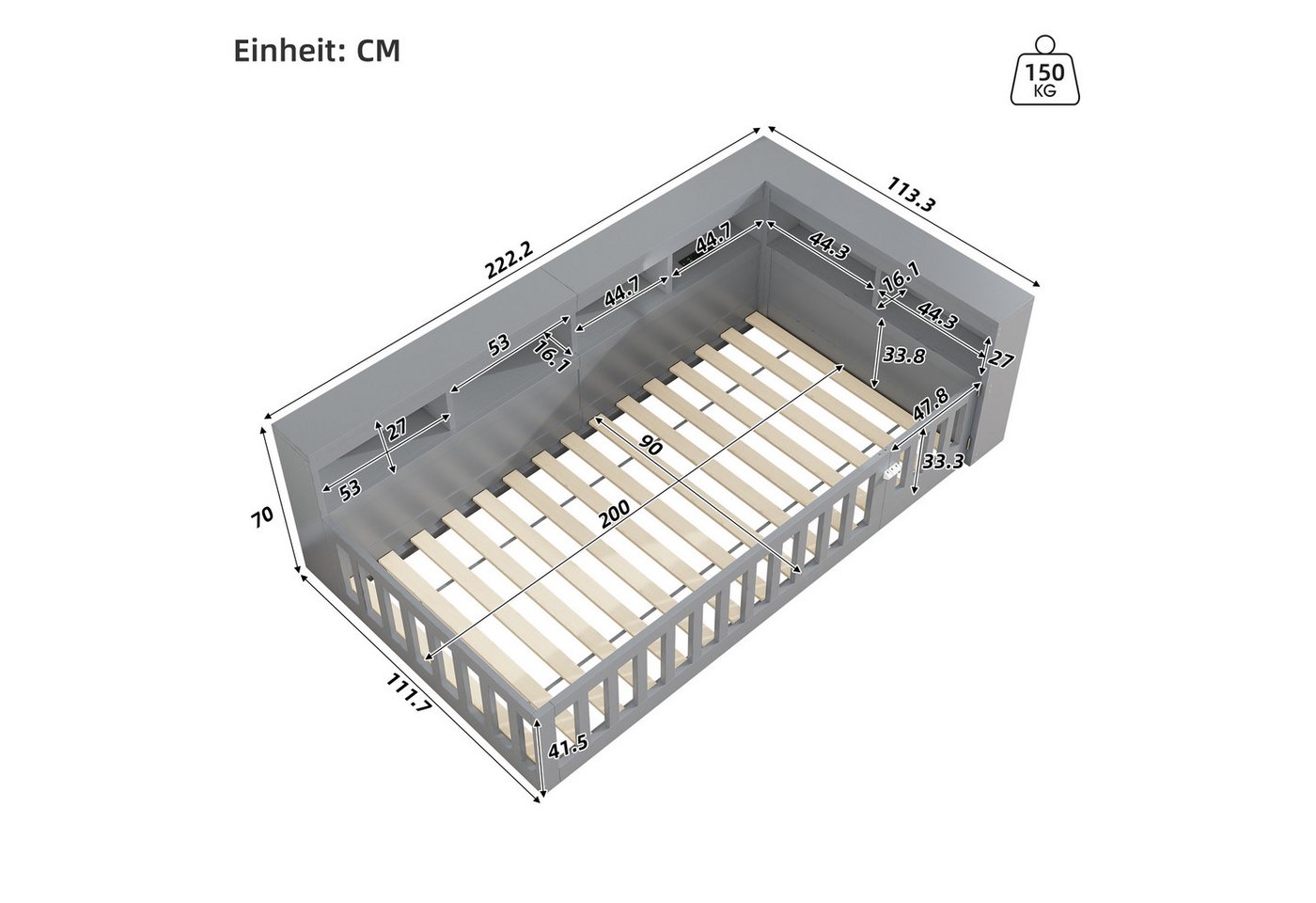 Flieks Holzbett, Kinderbett Daybett 90x200cm mit Stauraum, Aufladen und Geländer – Bild 5 von 5