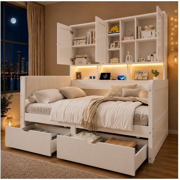 Flieks Holzbett, Daybett Stauraumbett 90x200cm mit LED-Licht & Aufladen & 2 Schubladen