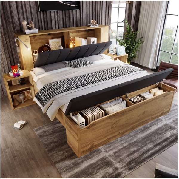 Flieks Holzbett, Doppelbett 180x200cm Stauraumkopfteil Leselicht USB Nachttisch Hocker