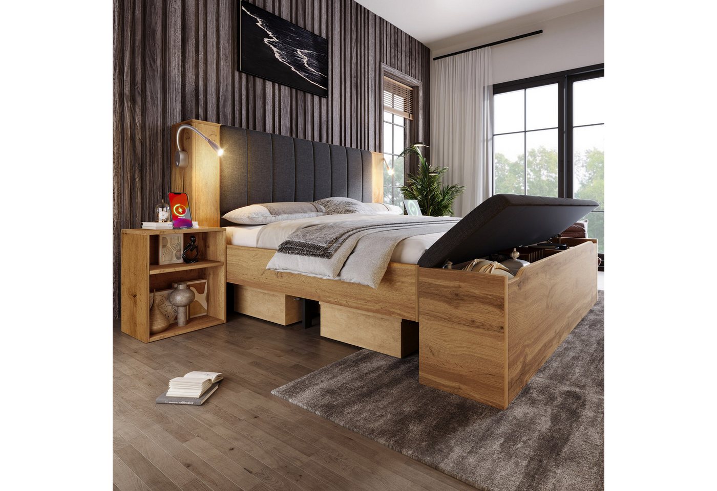 Flieks Holzbett, Doppelbett 180x200cm Stauraumkopfteil Leselicht USB Nachttisch Hocker – Bild 2 von 5