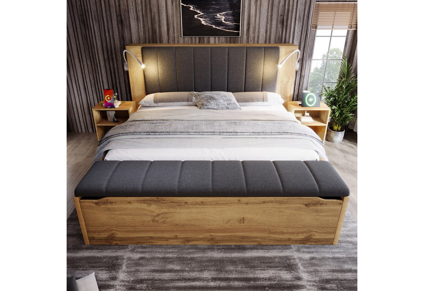 Flieks Holzbett, Doppelbett 180x200cm Stauraumkopfteil Leselicht USB Nachttisch Hocker – Bild 3 von 5